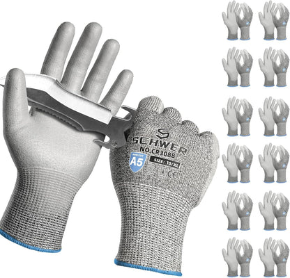 Pair of Schwer cut resistant work gloves with ANSI A5 rating holding a metal knife blade against white background