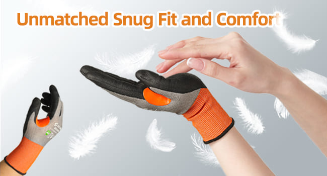 Orange and gray gardening gloves with text 'Unmatched Snug Fit and Comfort' on a light gray background.