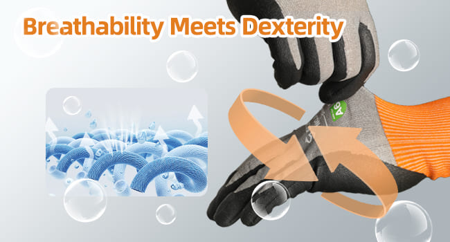 Gloves with dexterity and breathability text, showing a close-up of gloves and a hand holding a tool.