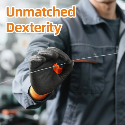 Worker wearing black and orange protective gloves holding a thin wire, showcasing unmatched dexterity