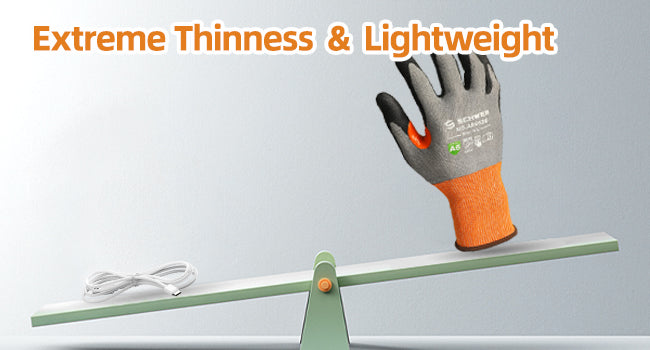Gardening glove with orange cuff balancing on a seesaw against a light gray background