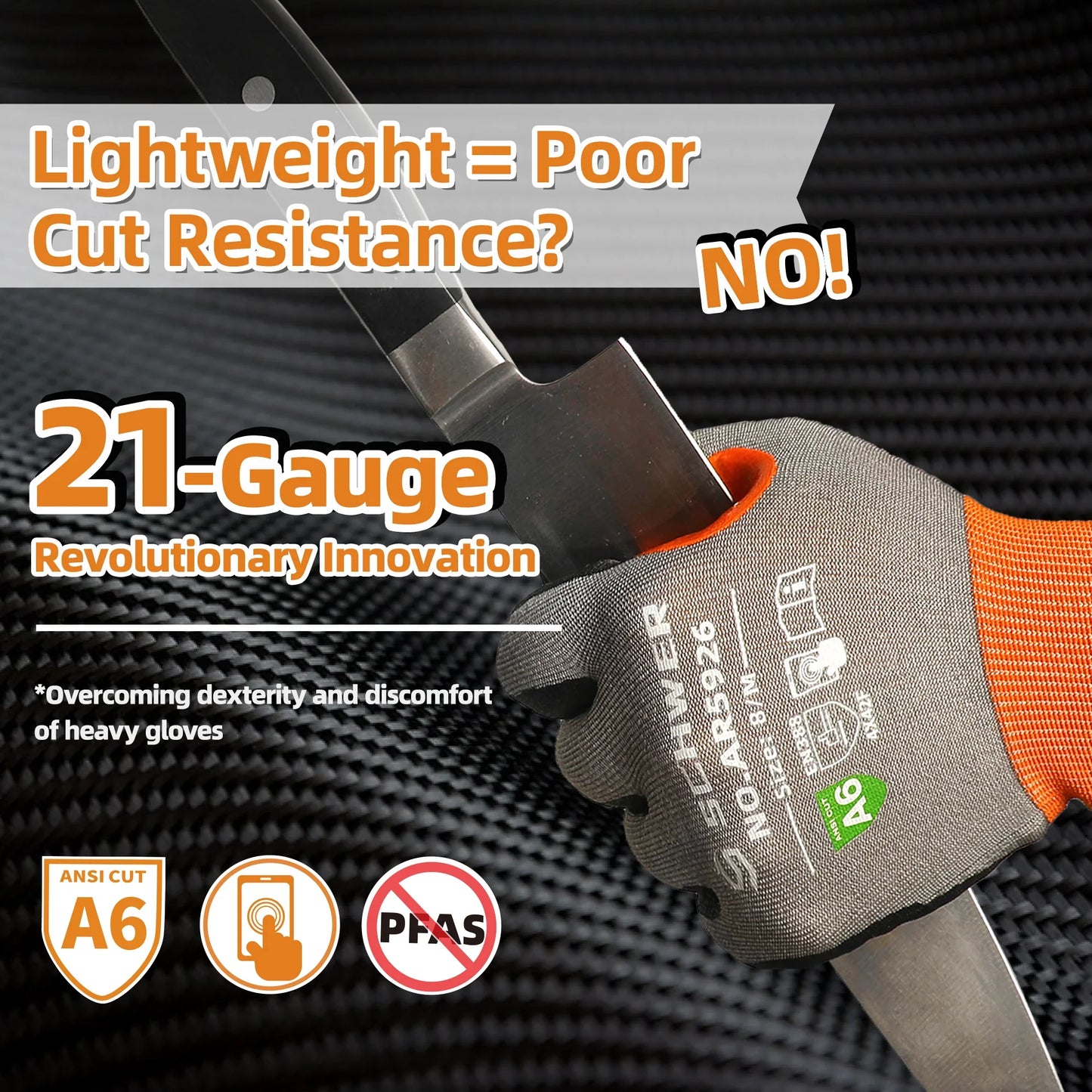 Hand wearing lightweight Schwer cut resistant glove holding sharp kitchen knife, promoting 21-gauge ANSI A6 protection