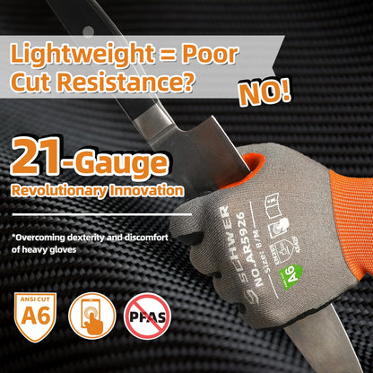 Hand wearing lightweight Schwer cut resistant glove holding sharp kitchen knife, promoting 21-gauge ANSI A6 protection