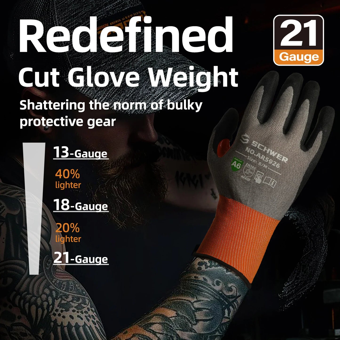 Tattooed arm wearing a lightweight Schwer cut resistant 21-gauge glove with orange cuff against dark background