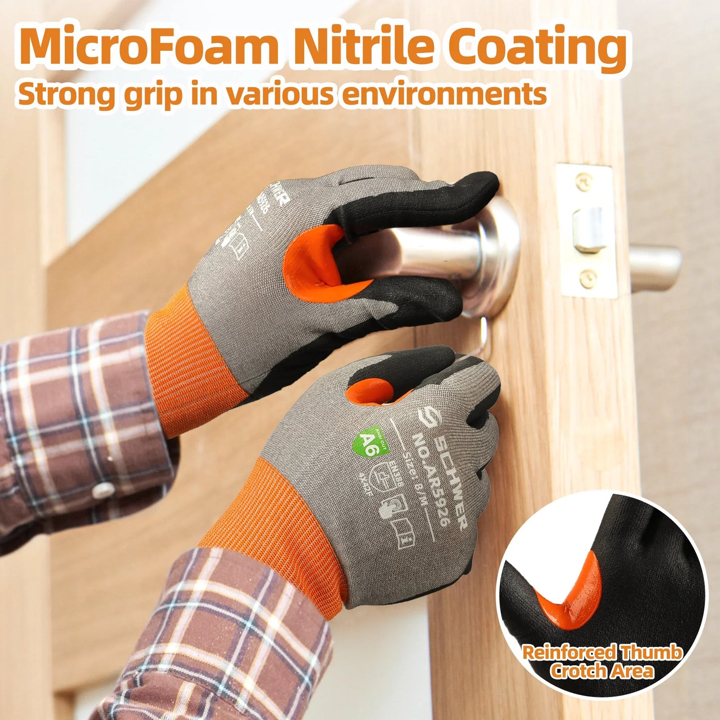 Schwergloves cut resistant work gloves with gray fabric and orange cuff, highlighting second-skin feel and breathability