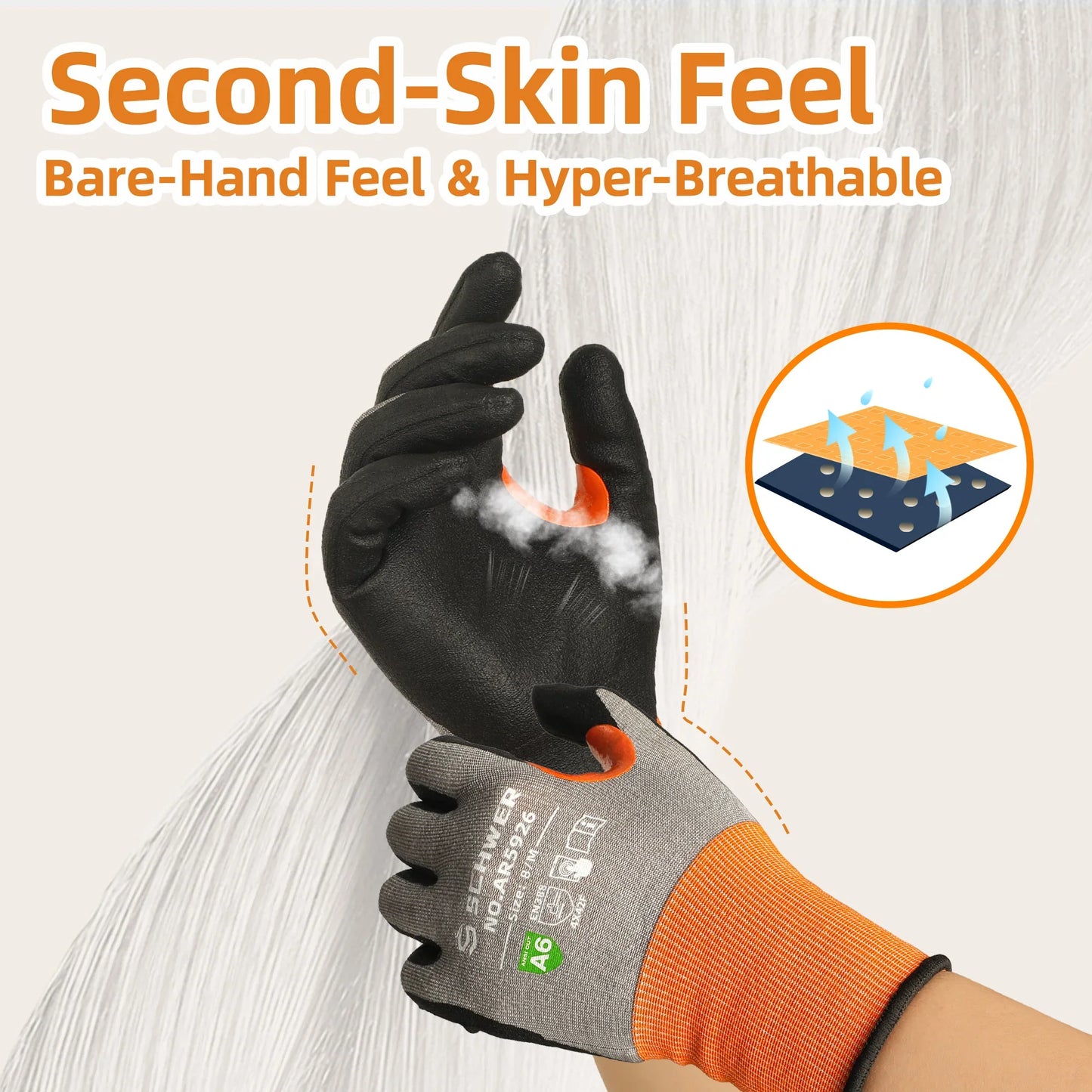 Schwergloves cut resistant work gloves with gray fabric and orange cuff, highlighting second-skin feel and breathability