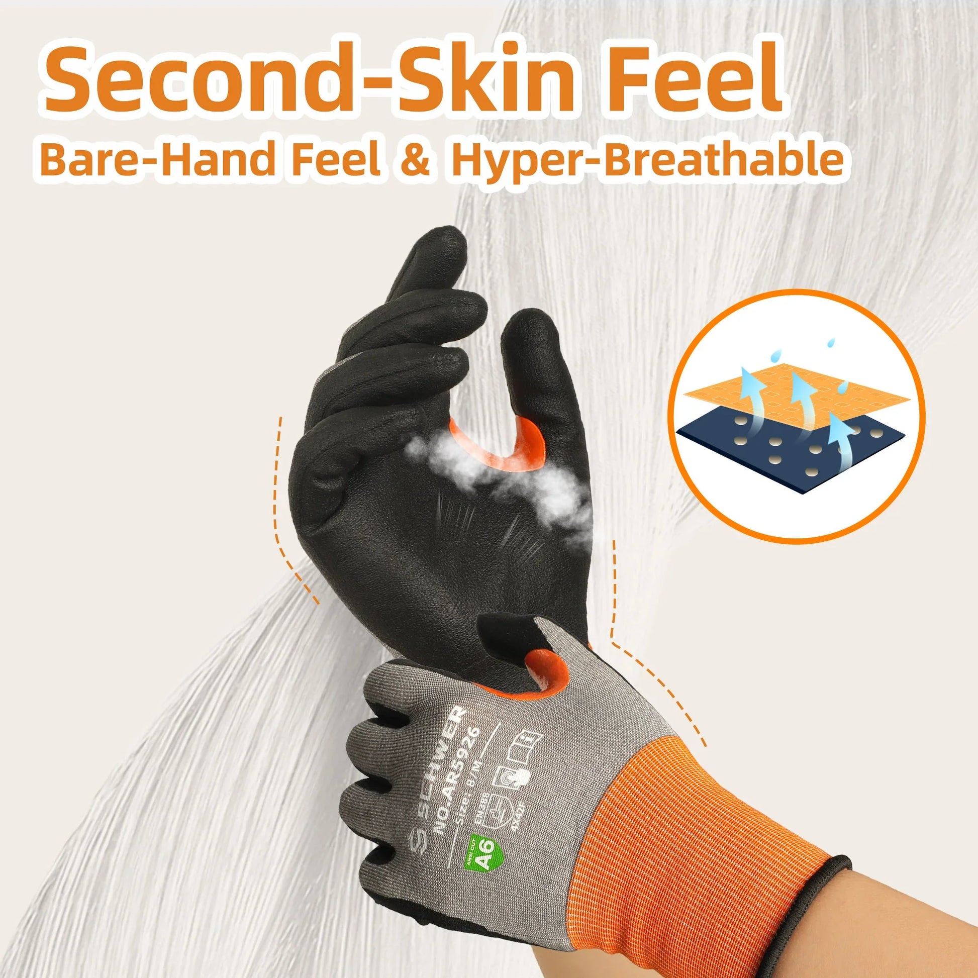 Schwergloves cut resistant work gloves with gray fabric and orange cuff, highlighting second-skin feel and breathability