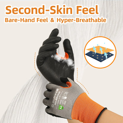 Schwergloves cut resistant work gloves with gray fabric and orange cuff, highlighting second-skin feel and breathability