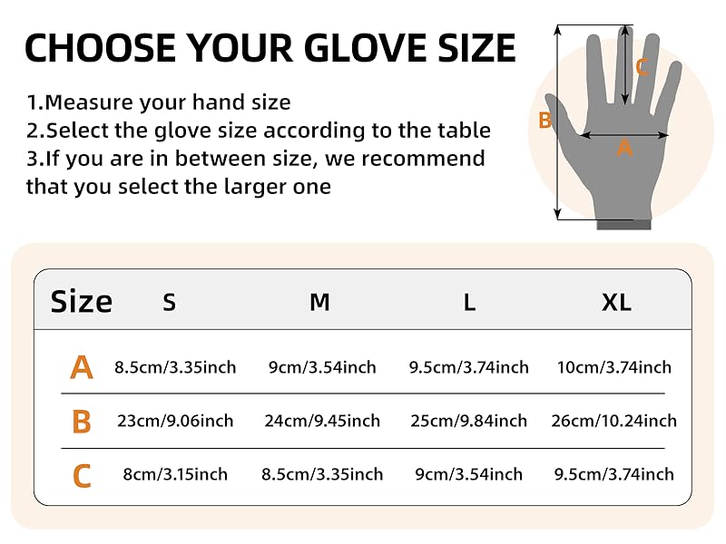 Glove size chart with measurement guide and size options.
