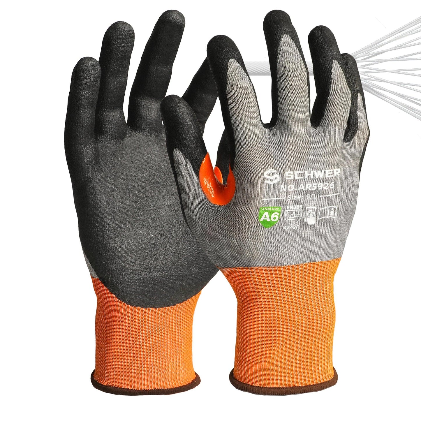 Schwer cut resistant work gloves with black grip, gray back, and orange wrist cuffs, size 9/L