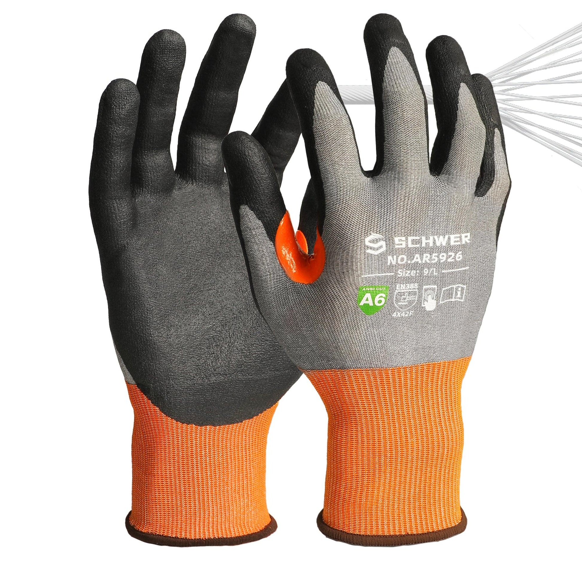 Schwer cut resistant work gloves with black grip, gray back, and orange wrist cuffs, size 9/L