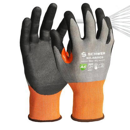 Schwer cut resistant work gloves with black grip, gray back, and orange wrist cuffs, size 9/L