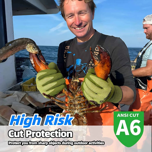 Smiling man wearing green cut-resistant gloves holding a large lobster on a fishing boat with ocean background