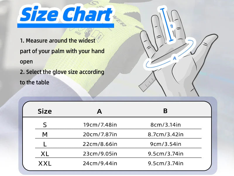 Glove size chart with measurement guide and size chart on a gray background
