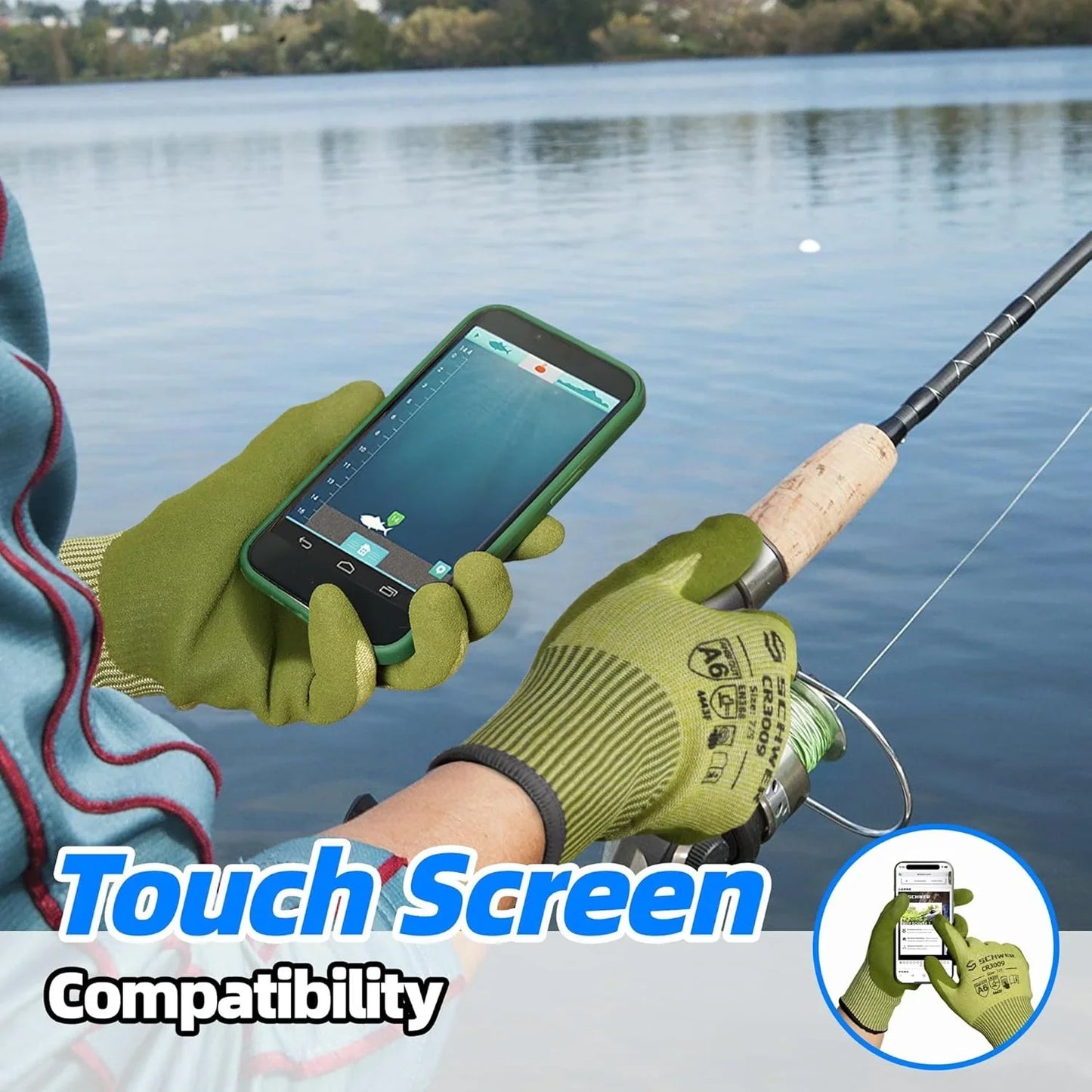 Person wearing green cut resistant gloves using a touchscreen smartphone while fishing by a lake