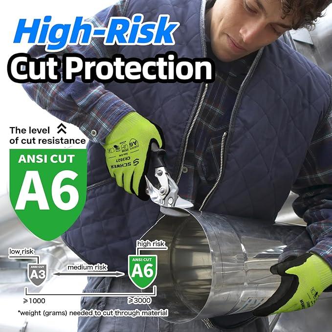 Worker wearing Schwergloves cut resistant gloves with ANSI A6 rating cutting metal pipe for high-risk protection
