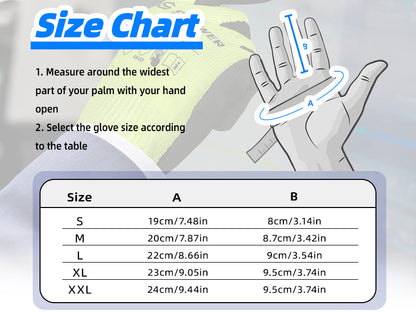Glove size chart with measurement guide and size chart on a gray background