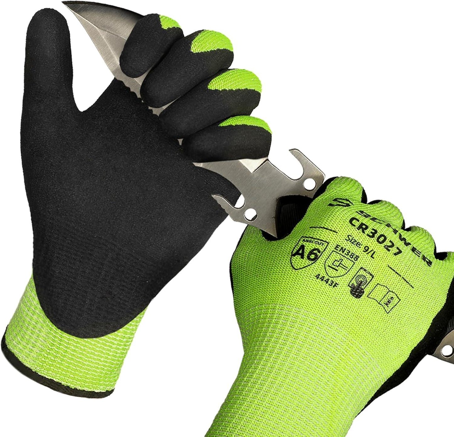 Pair of Schwergloves cut-resistant gloves in green and black holding a sharp metal tool