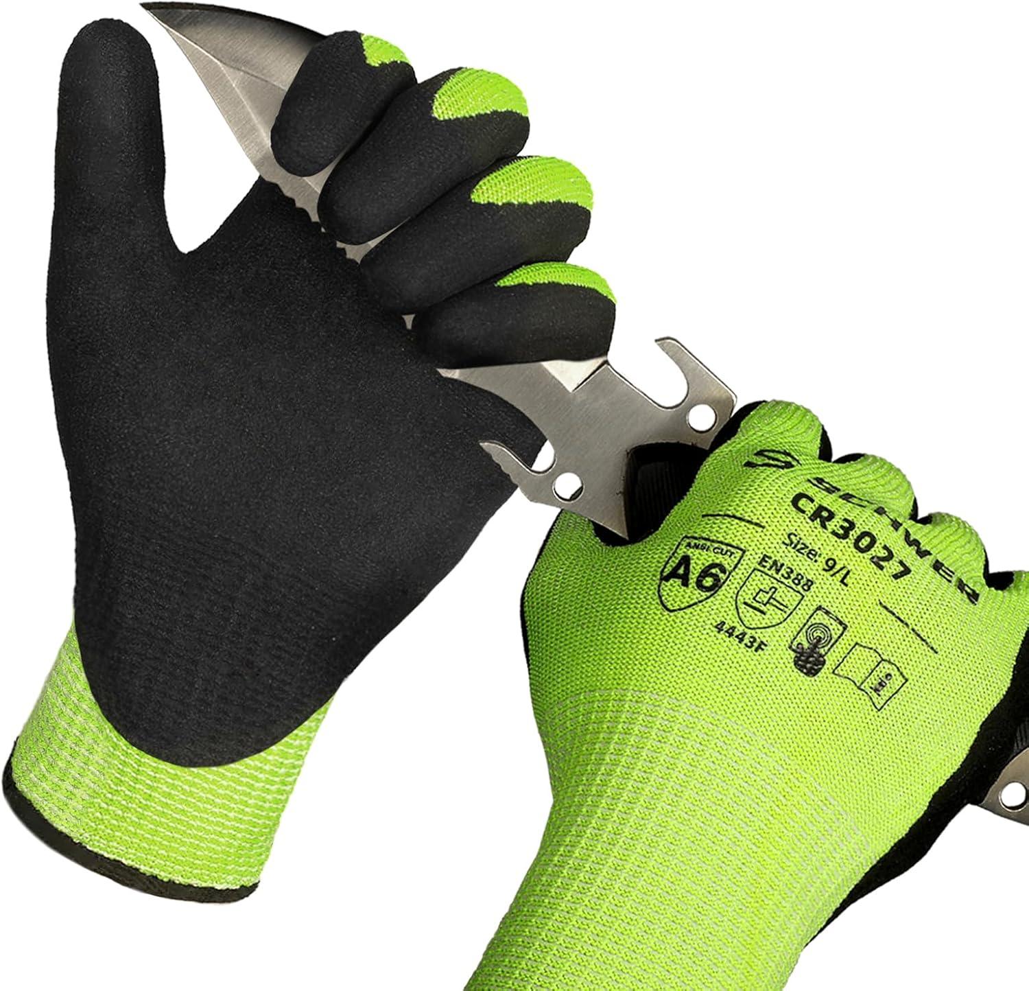Pair of Schwergloves cut-resistant gloves in green and black holding a sharp metal tool