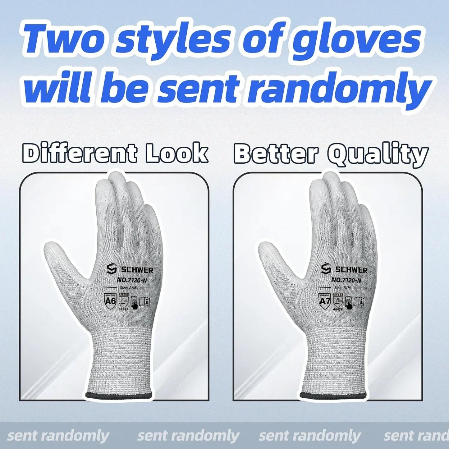 Two styles of Schwer cut resistant work gloves displayed side by side with different look and better quality labels
