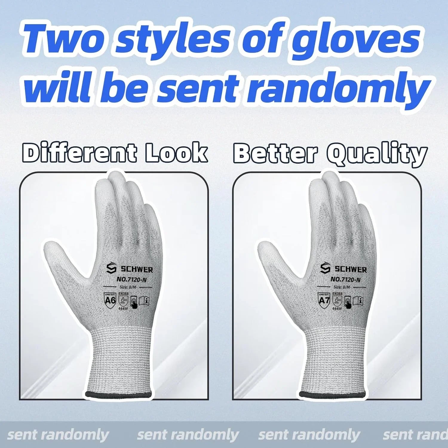 Two styles of Schwer cut resistant work gloves displayed side by side with different look and better quality labels