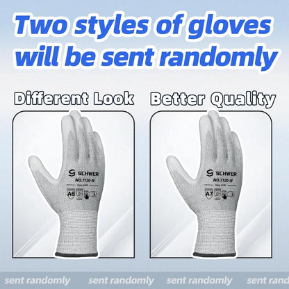 Two styles of Schwer cut resistant work gloves displayed side by side with different look and better quality labels