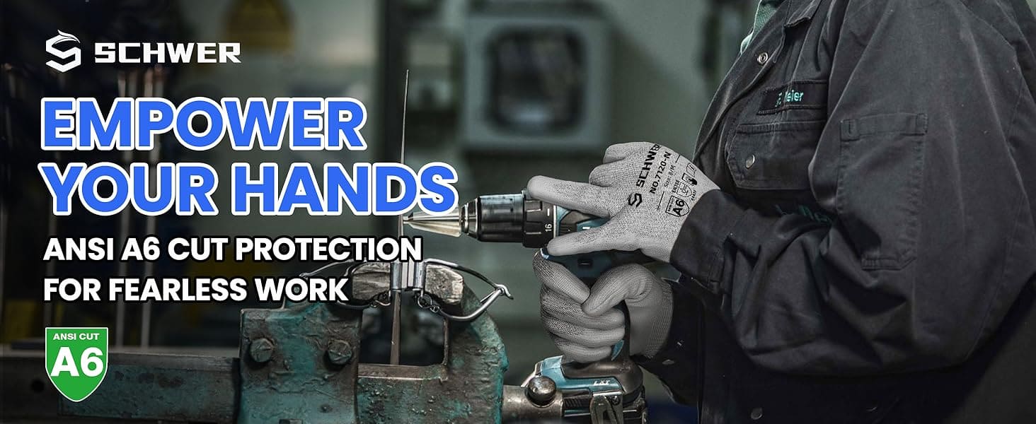 Person using a tool with text about ANSI A6 cut protection and Schwer brand.