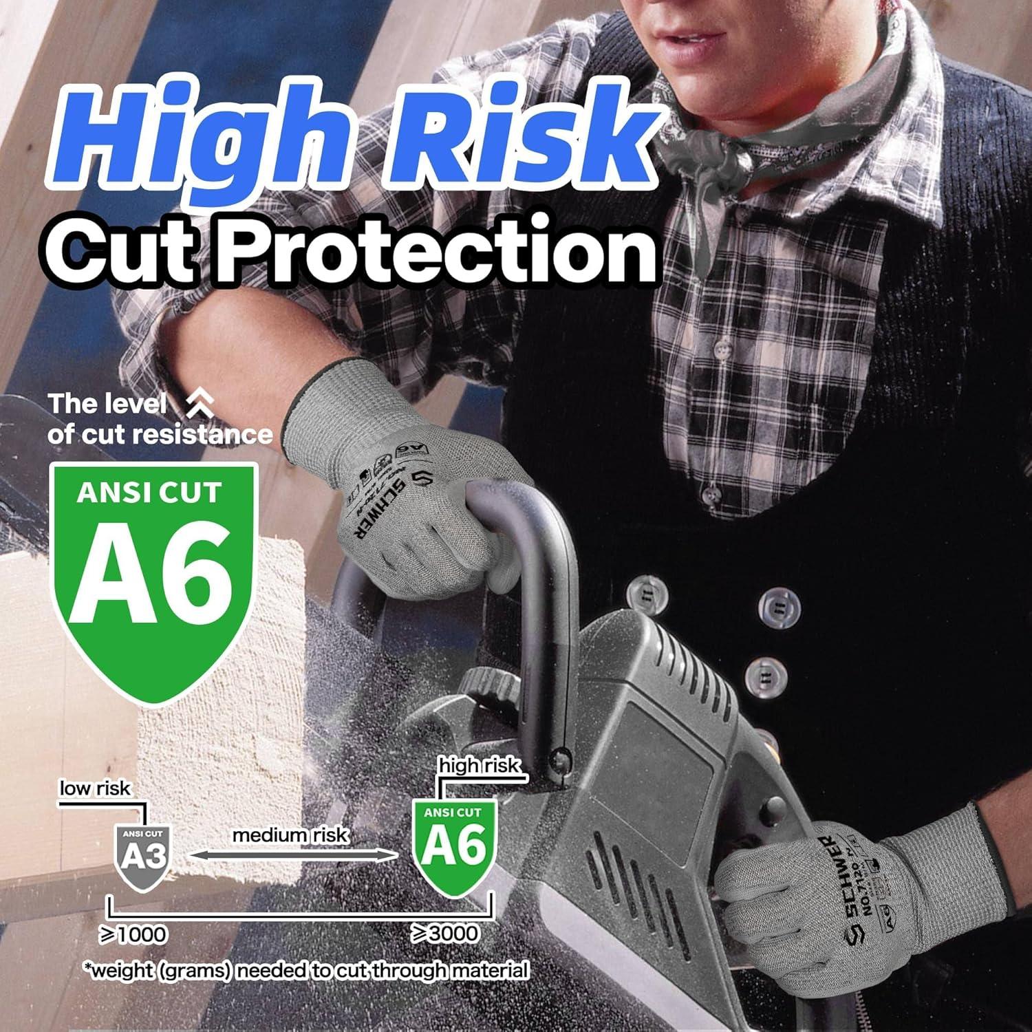 Person wearing Schwer brand ANSI A6 cut resistant gloves using a power saw on wood with safety text overlay