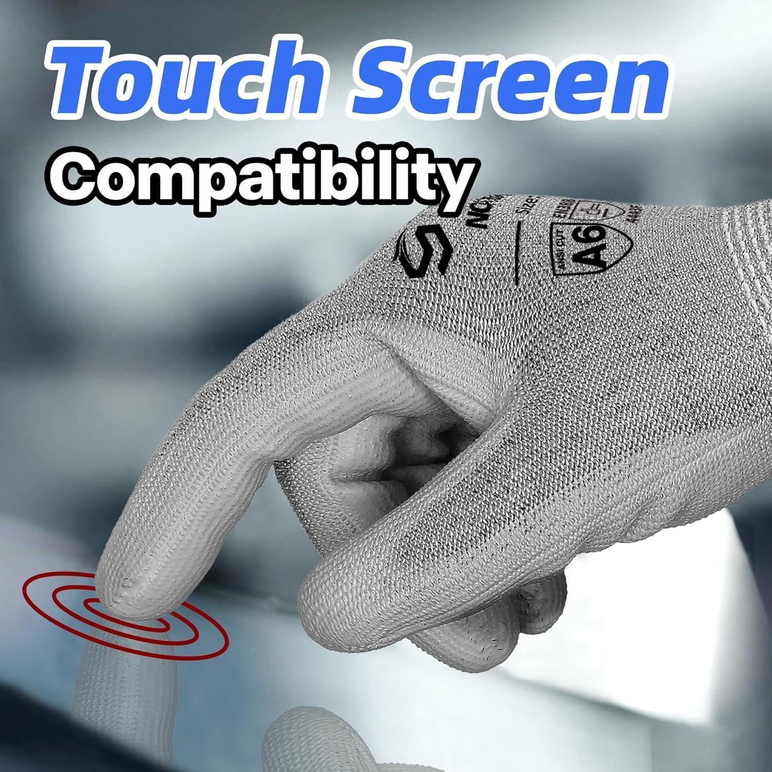 Close-up of gray cut resistant work glove with touchscreen compatibility, finger touching screen