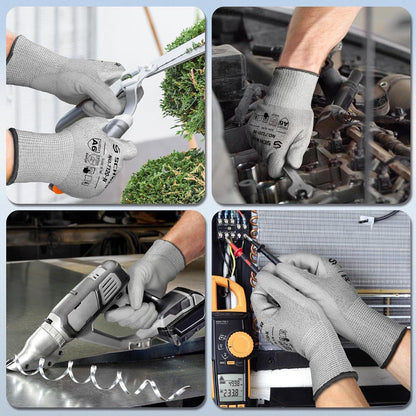 Collage of hands wearing Schwer gray cut-resistant safety gloves using pruning shears, wrench, heat gun, and electrical testing tools
