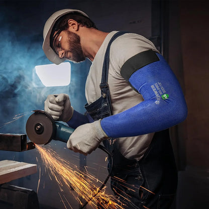 Person using a grinder with a blue elbow pad in a workshop setting