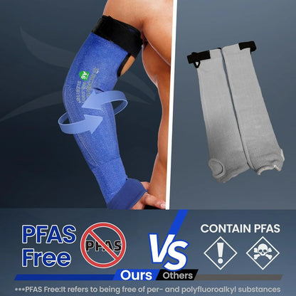 Image comparing PFAS free blue protective arm sleeve by Schwergloves with gray sleeves containing PFAS, highlighting safety benefits