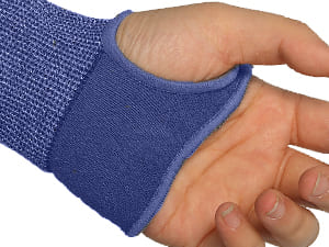 Blue wrist support brace on a person's wrist