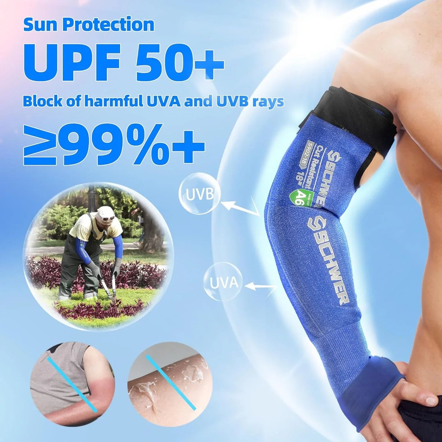 Blue Schwergloves protective arm sleeve with UPF 50+ sun protection blocking 99% UVA and UVB rays on muscular arm
