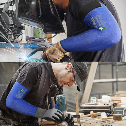 Person welding with a blue sleeve and another working with tools in a workshop.