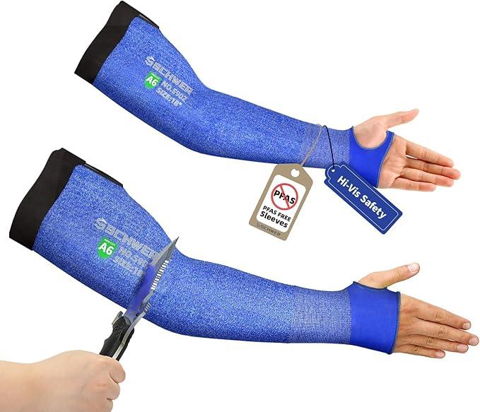 Blue arm sleeves with Schaefer branding on a white background