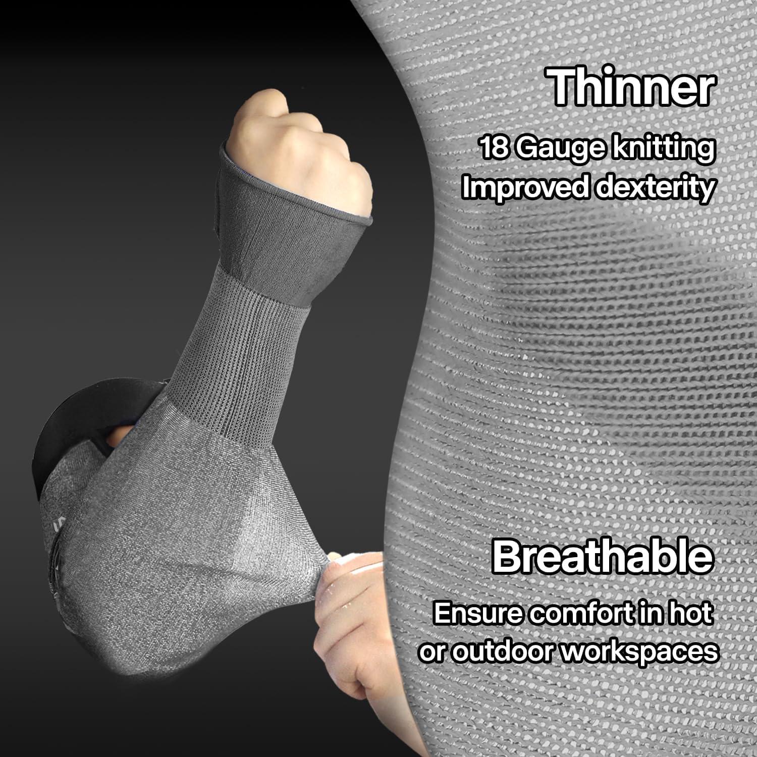 Gray compression sleeve on a person's arm with text highlighting features like 'Thinner', '18 Gauge knitting', 'Improved dexterity', and 'Breathable'.