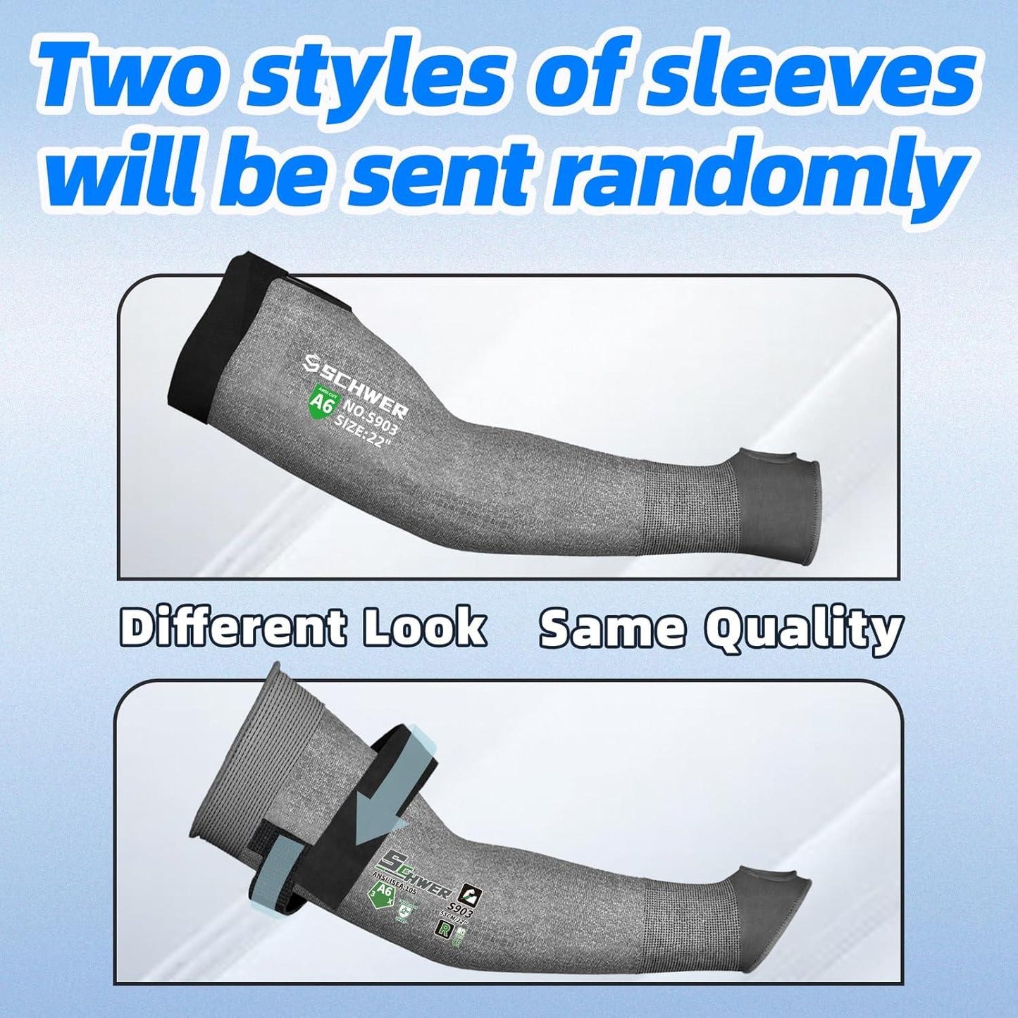 Two gray arm sleeves with black ends on a light blue background, labeled 'Two styles of sleeves will be sent randomly'.