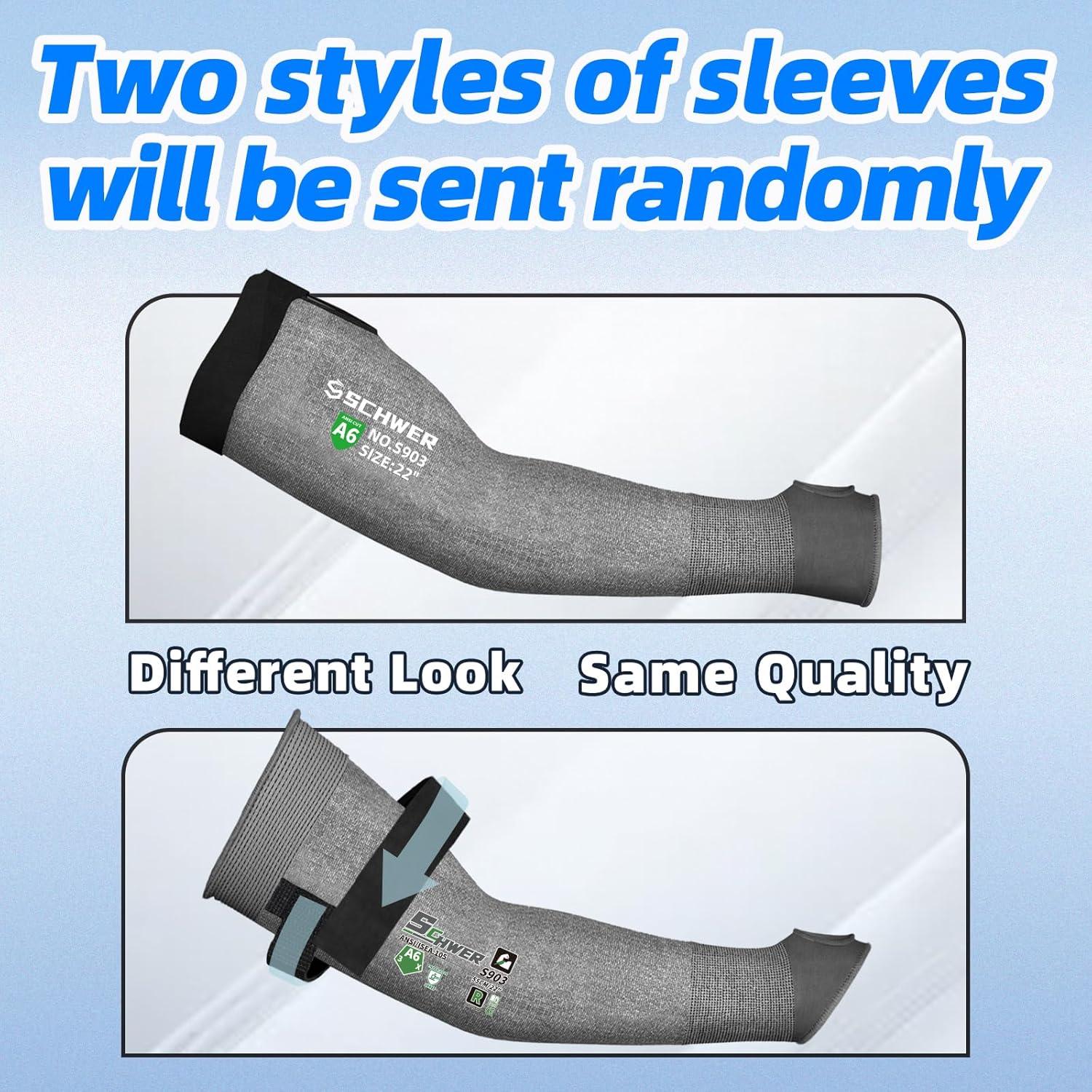Two gray arm sleeves with black ends on a light blue background, labeled 'Two styles of sleeves will be sent randomly'.