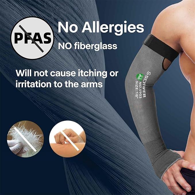 Gray arm sleeve with branding on a person's arm, highlighting PFAS-free and fiberglass-free properties.