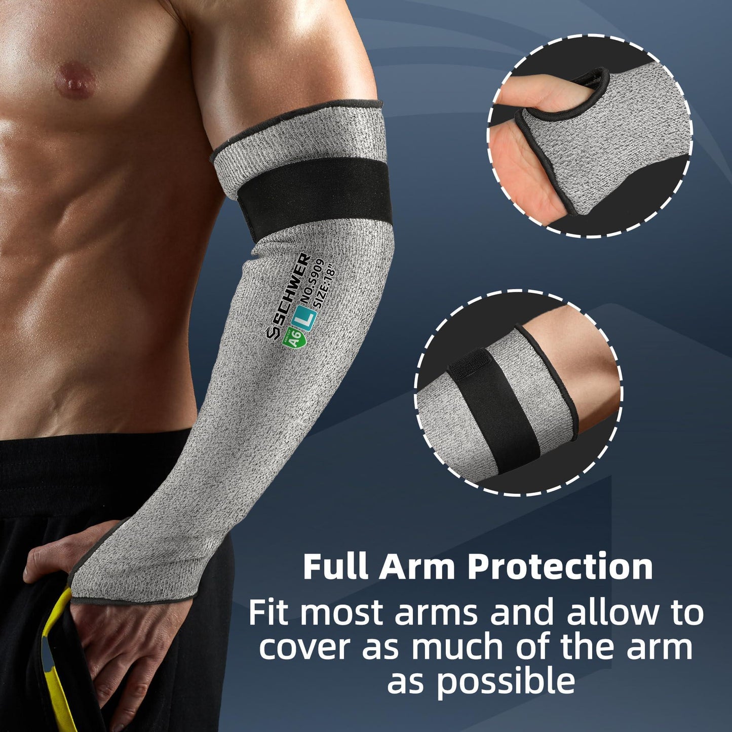 Gray arm sleeve with black bandage on a person's arm, showing close-up details and text about full arm protection.