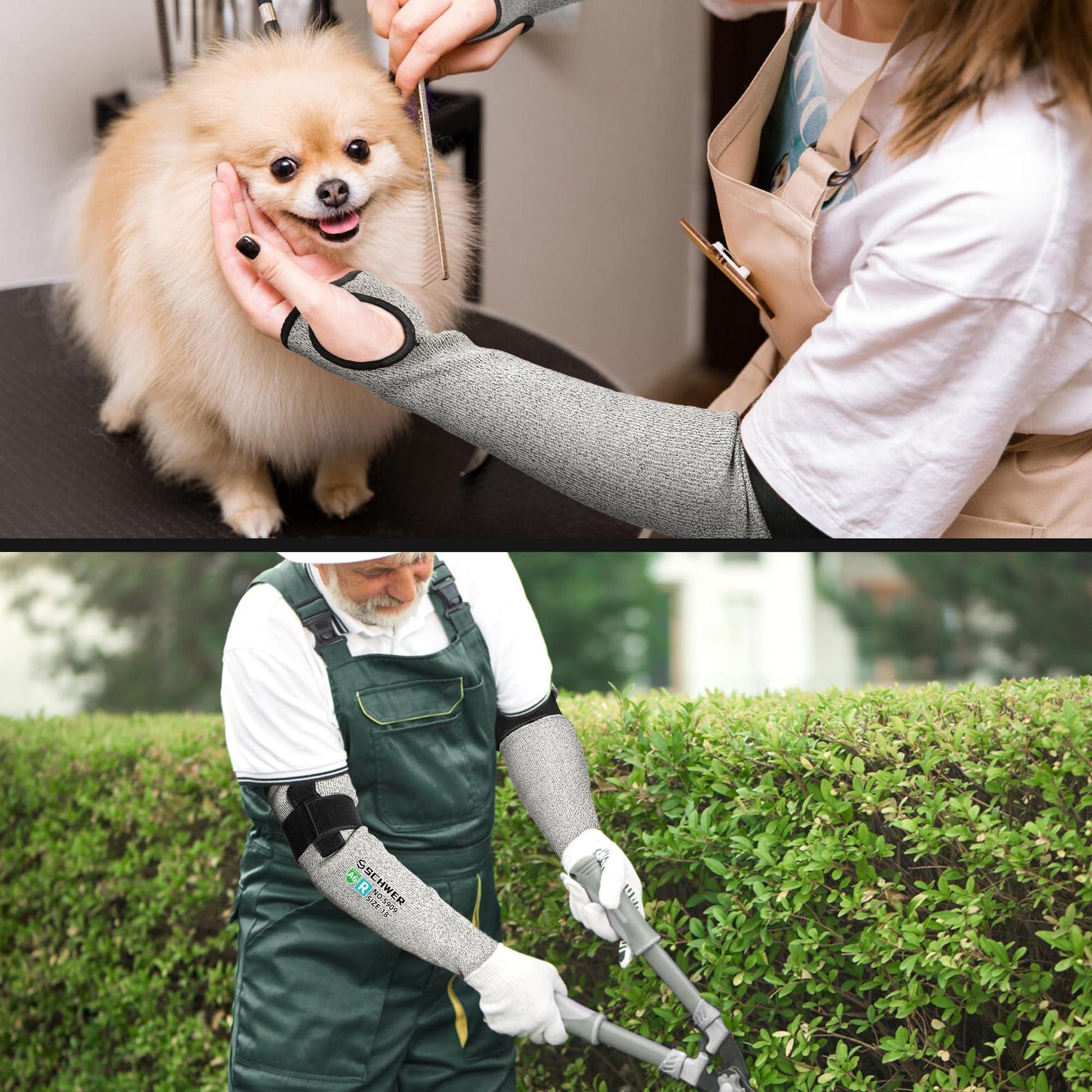 People wearing Schwergloves' cut resistant arm sleeves for pet grooming and hedge trimming.
