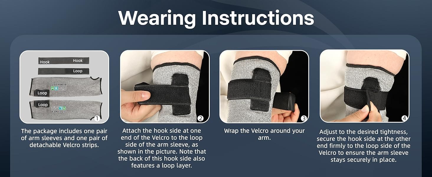 Instructions for wearing arm sleeves with Velcro straps on a blue background