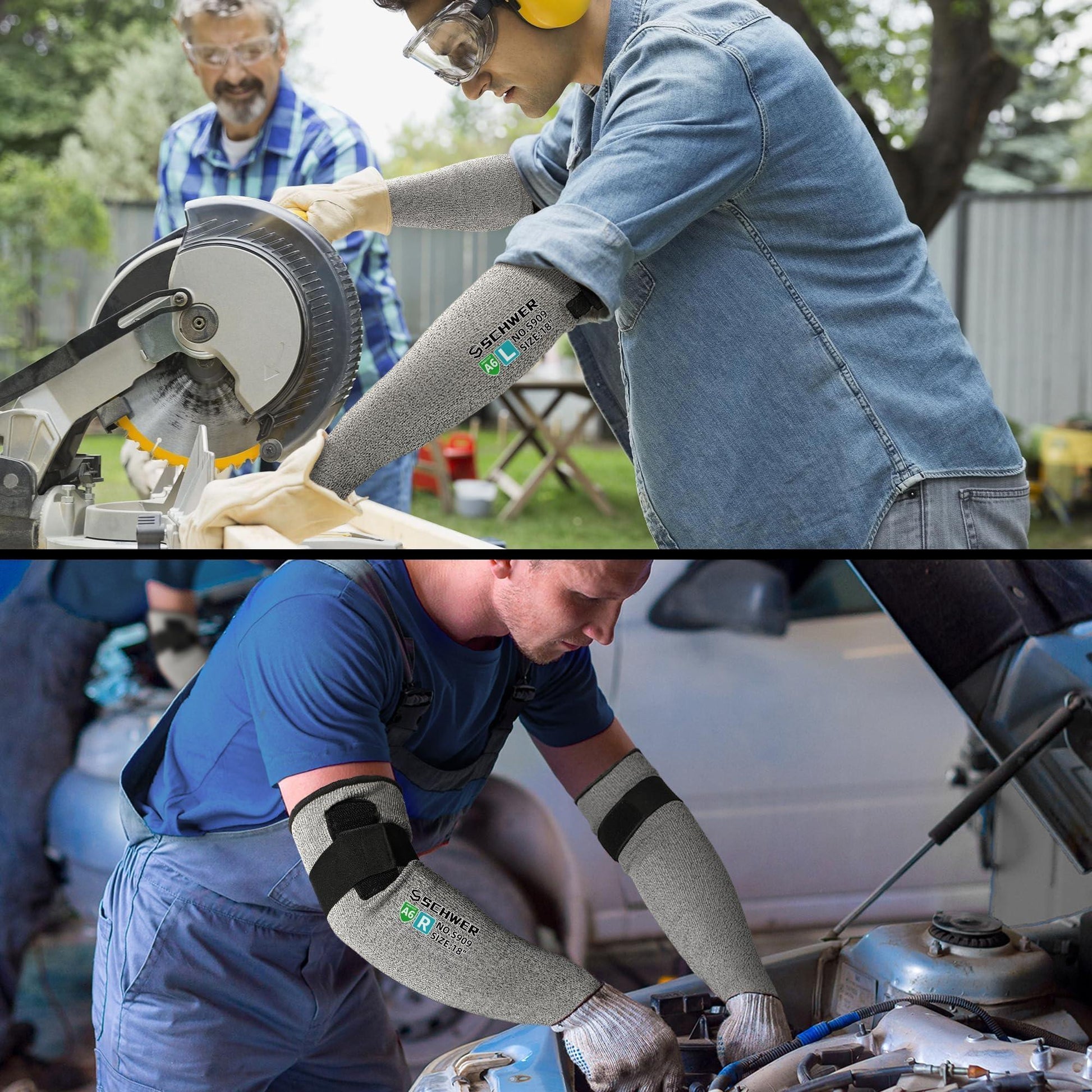 Two people wearing smart gloves with digital displays, one using a power tool outdoors and the other working on a vehicle.