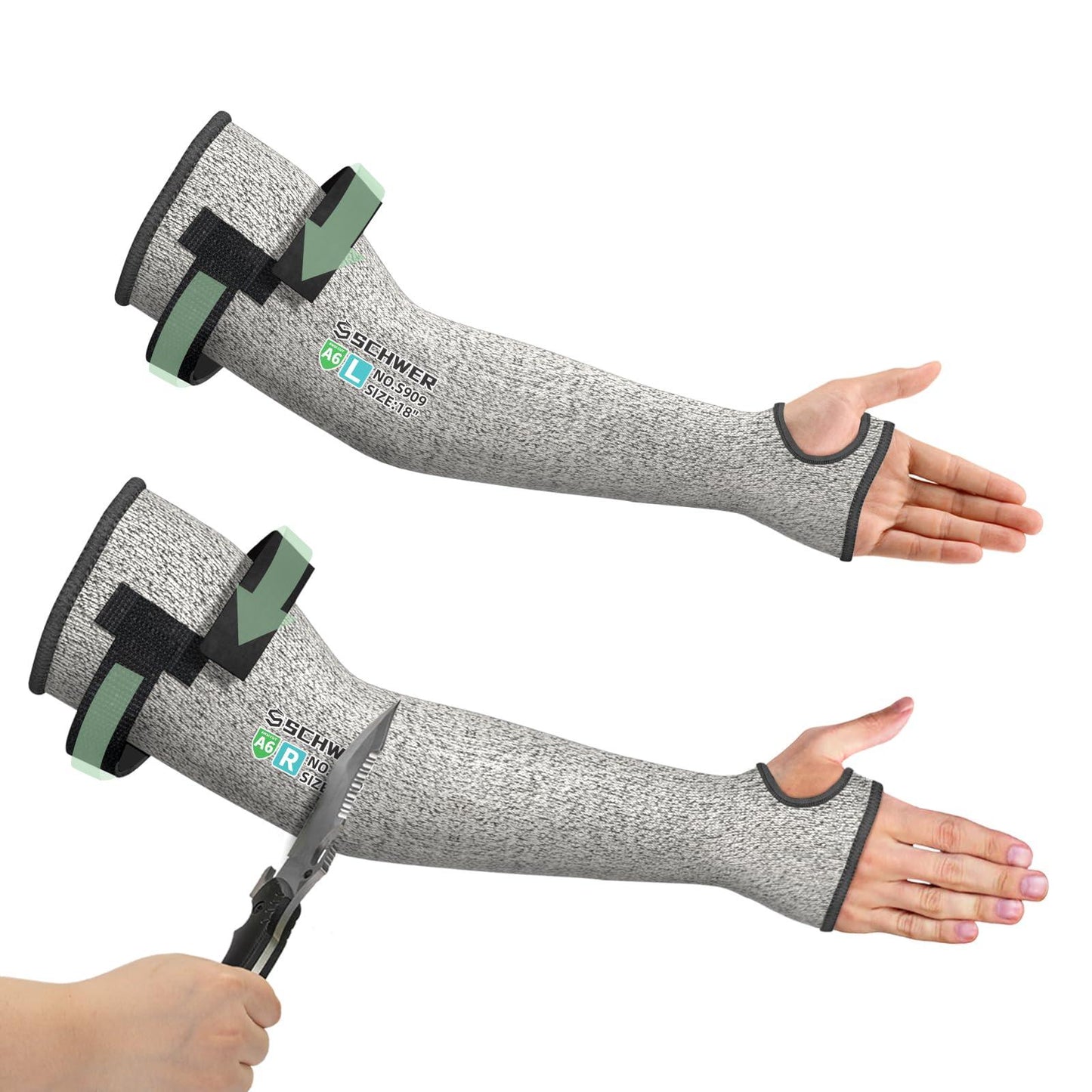 Schwer cut resistant protective arm sleeves shown resisting a sharp blade, PPE safety gear