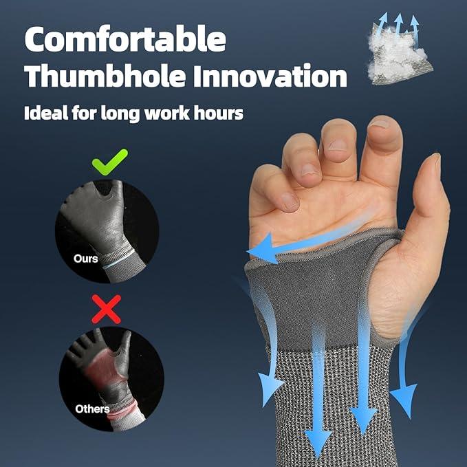 Glove with thumbhole innovation feature, ideal for long work hours, on a dark blue background.