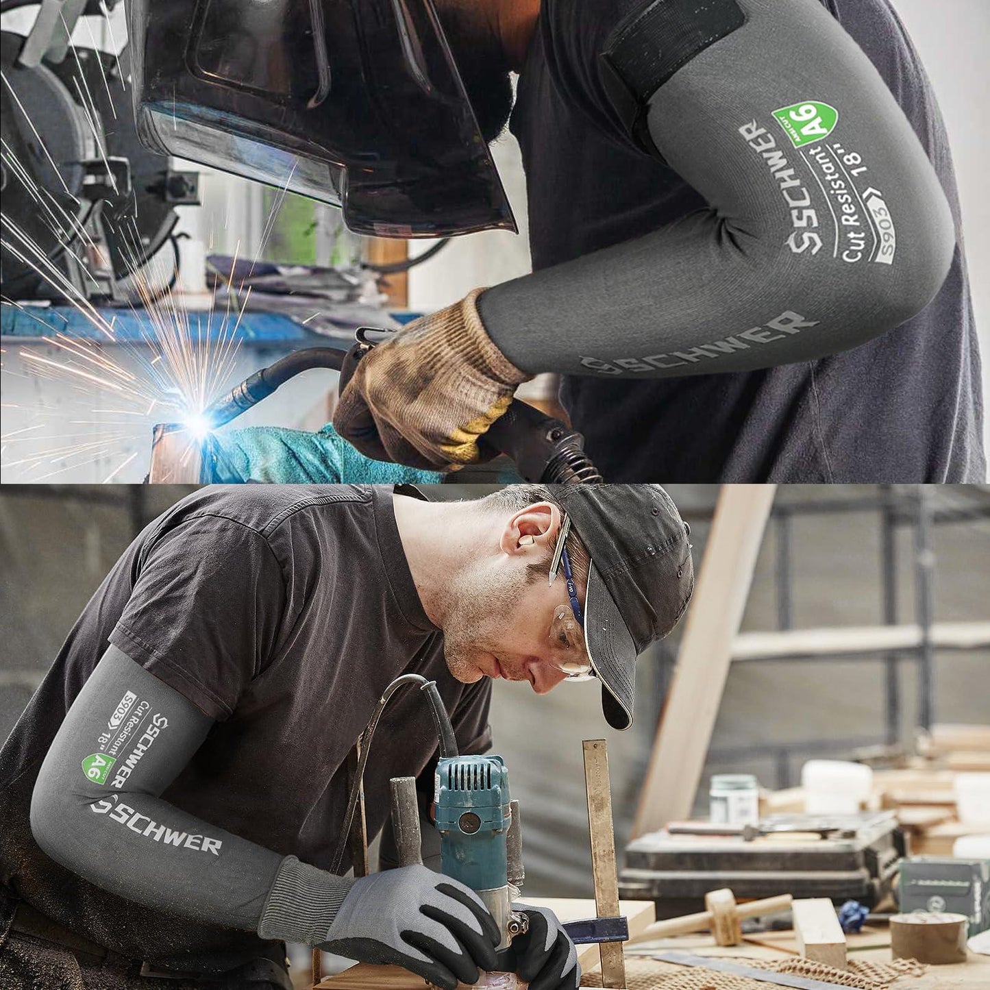 Collage of a person welding and using a power tool in a workshop setting.