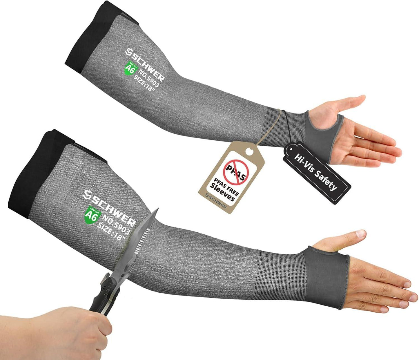 Schwer gray cut resistant arm sleeves size 18 inches protecting arms from knife cuts, PFAS free, Hi-Vis safety tags