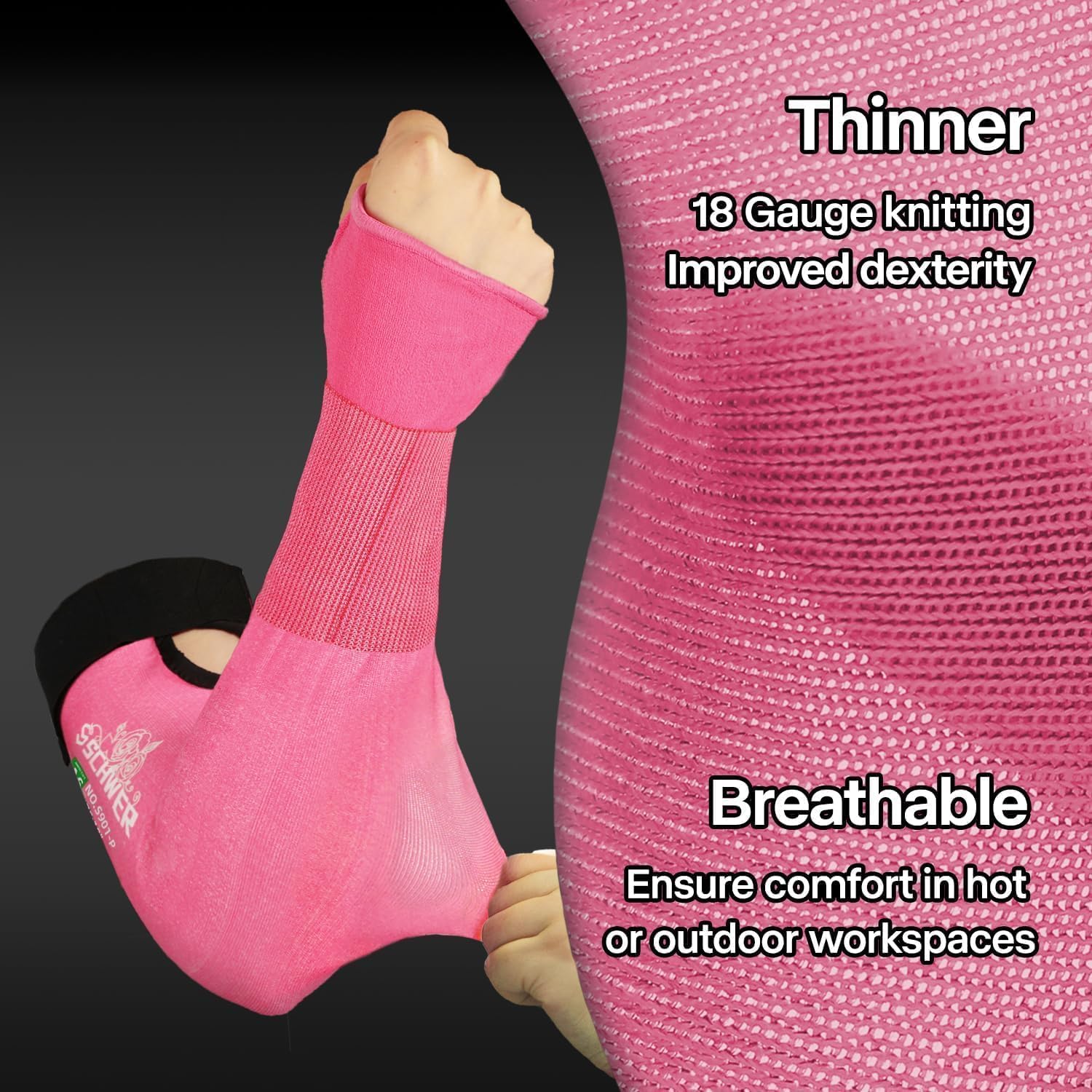 Person wearing and stretching pink breathable protective arm sleeve with 18 gauge knitting for improved dexterity