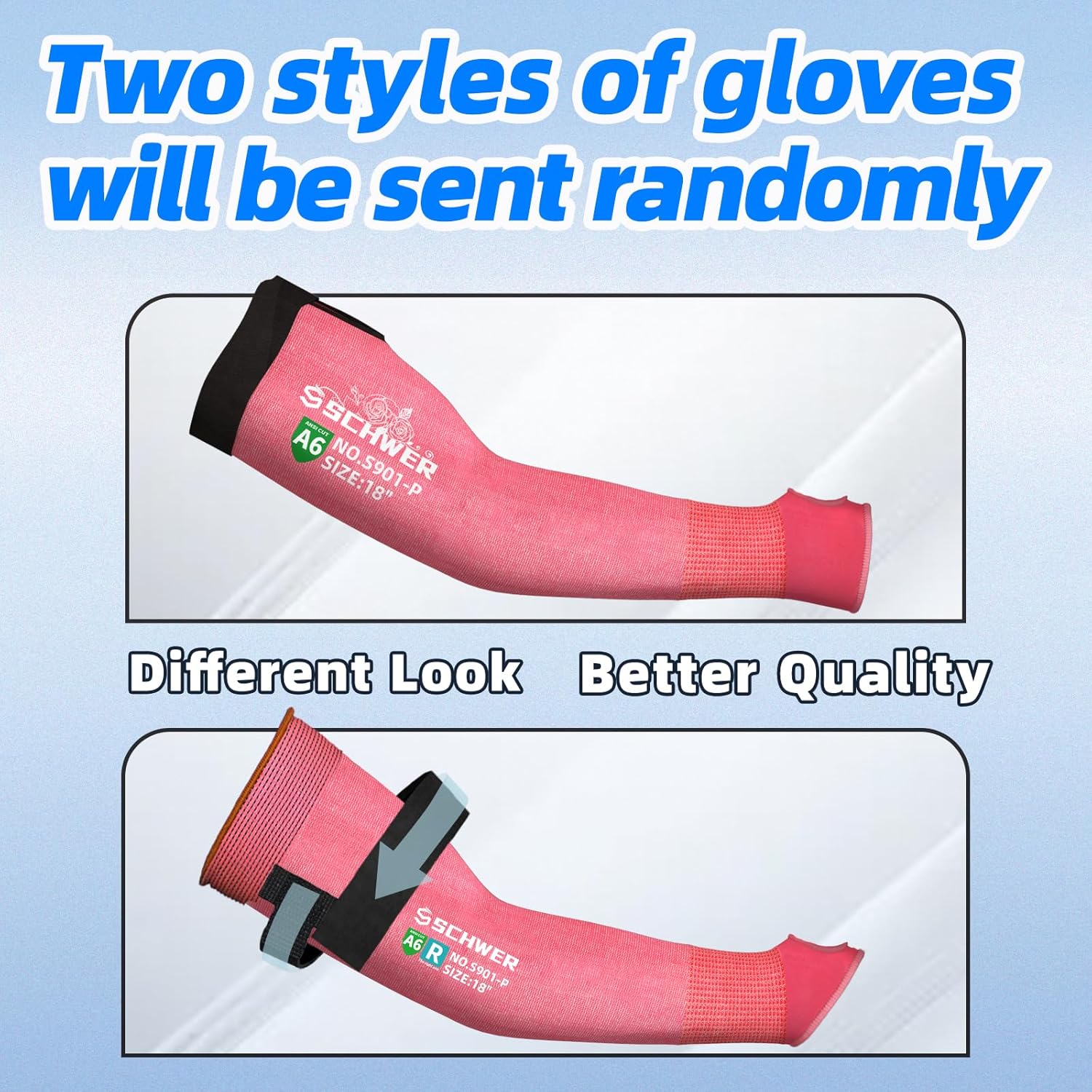 Two styles of pink gloves with black straps on a light blue background, featuring text about random style dispatch.